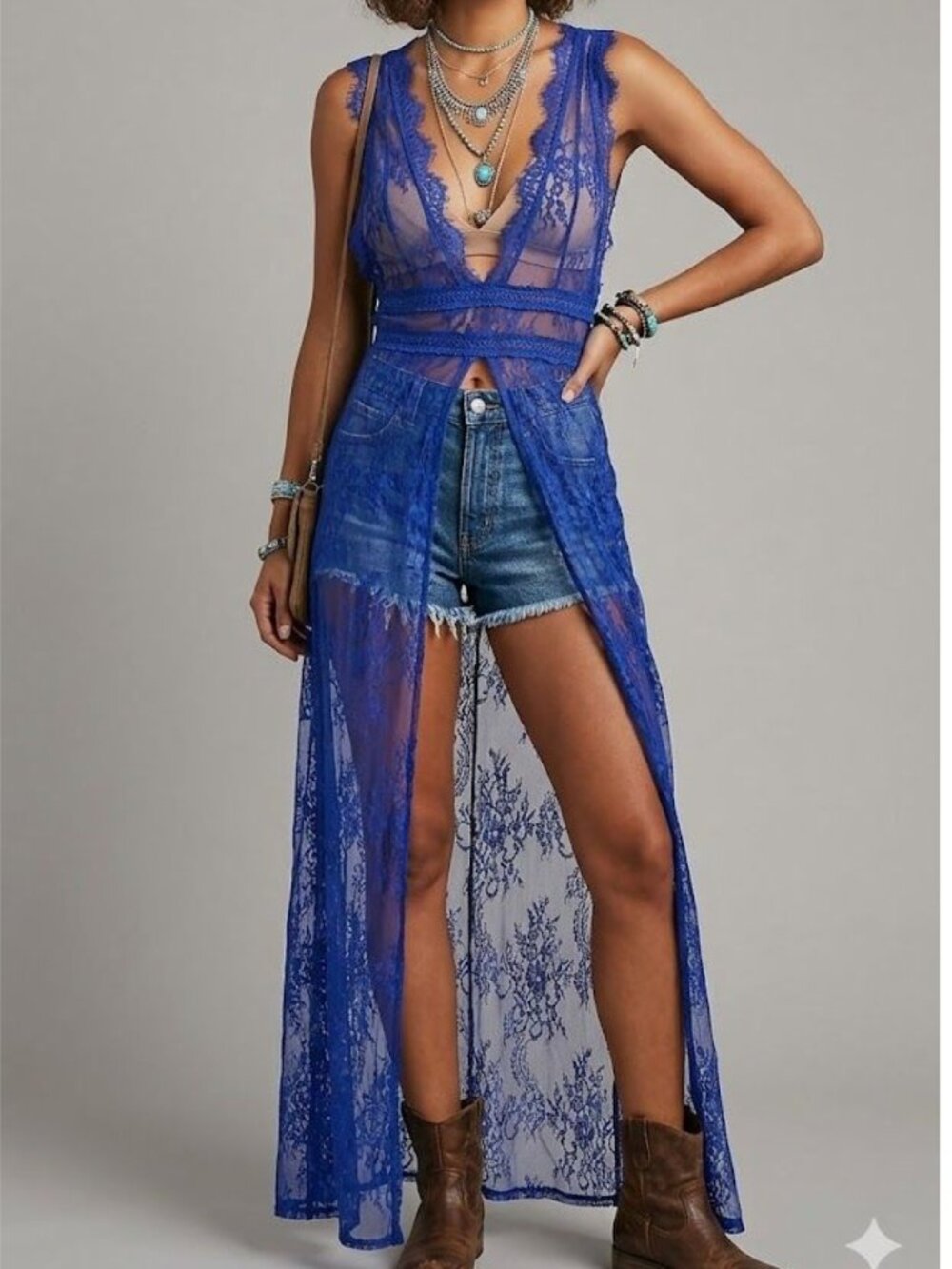 Sheer Lace Gown Wrap Electric Blue Deep V Festival Lingerie Goth S/M